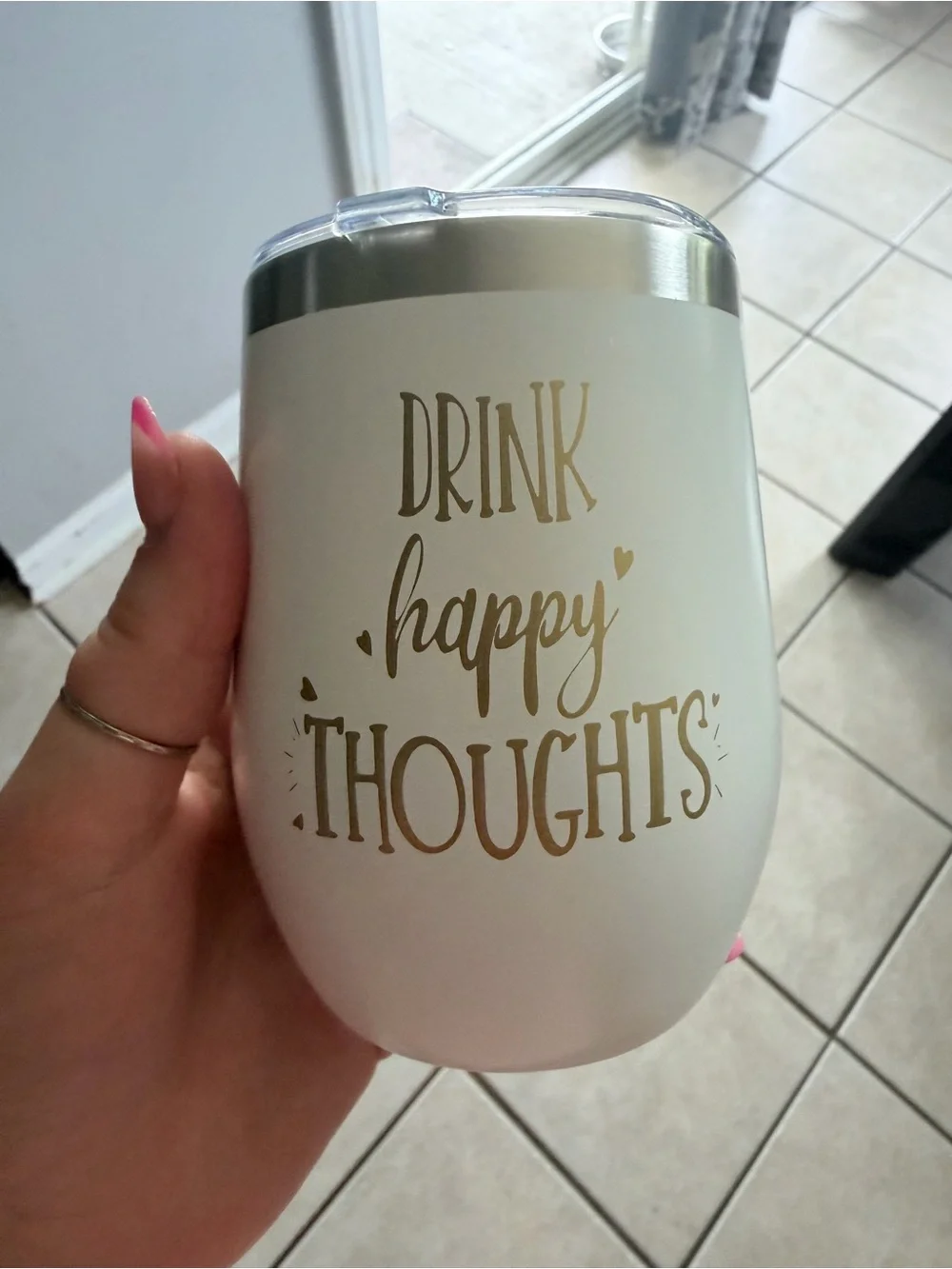 White and Gold 'Drink Happy Thoughts' Insulated Tumbler - Home Dining